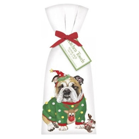 Towel with Bulldog wearing a Christmas sweater.