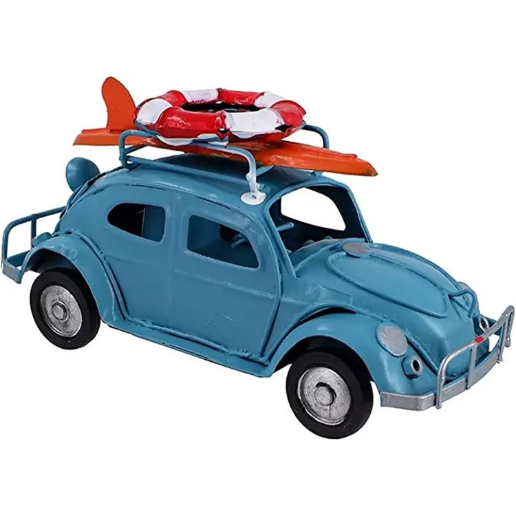 Blue beach buggy with an orange surfboard & a life ring on top.