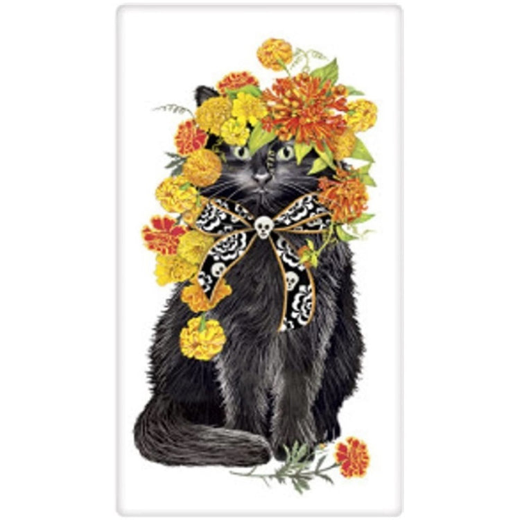 Black cat with day of the dead flowers & a bow.