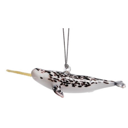 Narwhal figurine hanging ornament, grey with spots.