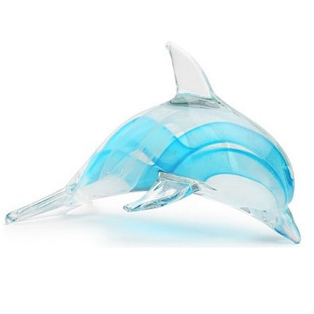 blown glass dolphin figurine with aqua swirls.
