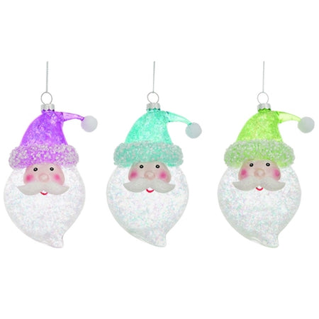 3 blown glass santa head ornaments 1 has a purple hat, 1 is green, and 1 is blue.