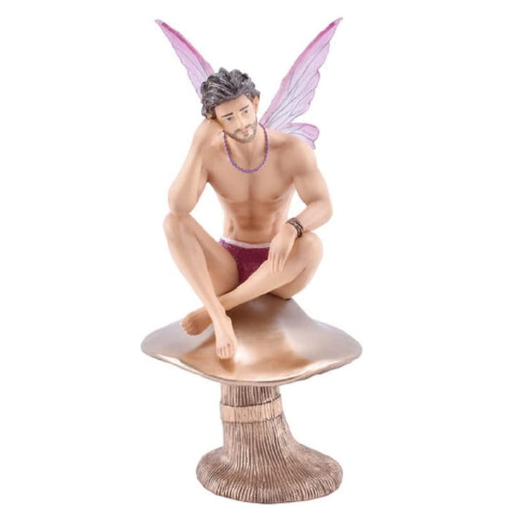 Resin ornament of a male fairy with purple wings sitting on top of a mushroom