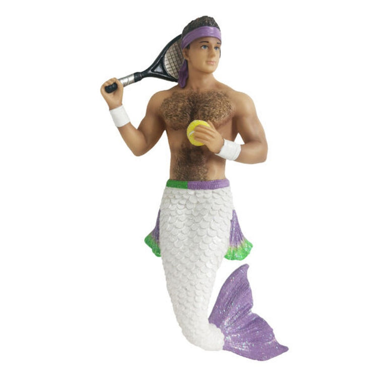 Merman with short brown hair & chest hair. White tail with purple flipper, purple & green fins & belt. He has sweat bands on his wrist, a purple headband & is holding a tennis ball and racquet. 