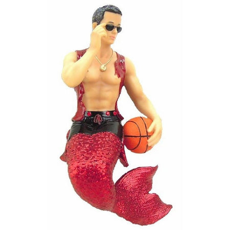 Merman figurine ornament.  Dressed in red holding a basketball.