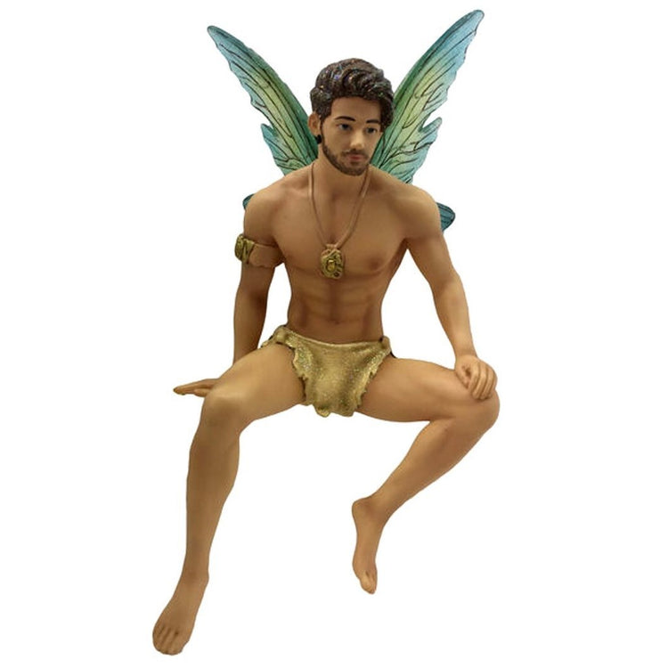 Fairy figurine shaped hanging ornament.  He is in a sitting pose with gold toga like shorts, armband and necklace.