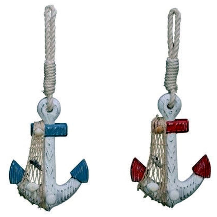 2 wood anchor hooks. Hooks are white with net accent, 1 also has blue accents & the other has red accents.