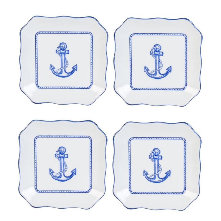 4 square scallop edged plates. The plates are white with blue edges and blue anchor design.