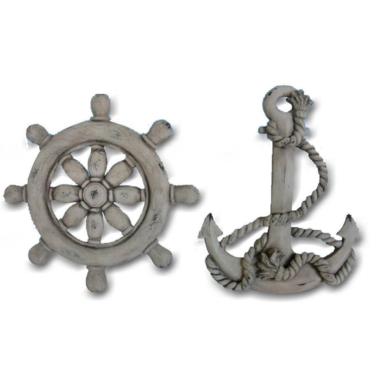 2 nautical wall decorations with a light colored weathered look. 1 is a ships wheel and 1 is an anchor.