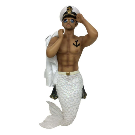 Merman figurine ornament.  Dressed as a sailor in white with hat and anchor tattoo.