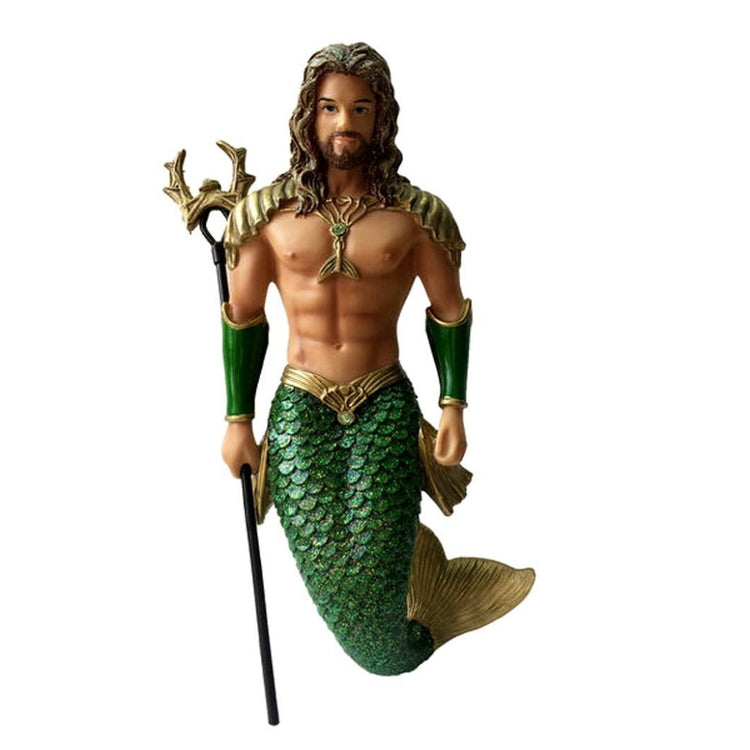 Mermaid figurine ornament.  Long hair, he is holding a trident.