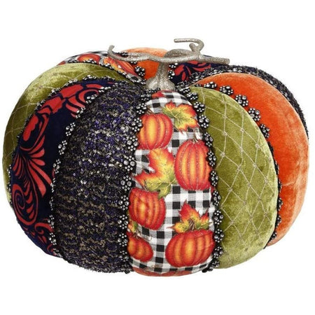 fabric pumpkin with multi colored panels separated by rhinestones