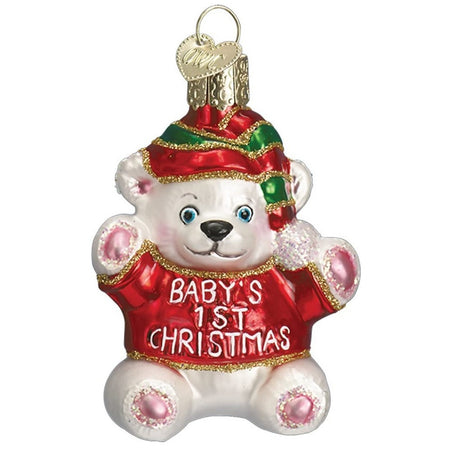 blown glass ornament of a white teddy bear in a red sweater that say's "baby's 1st christmas"