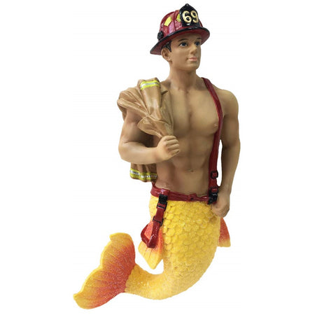 Merman figurine ornament.  Dressed as a fireman with hat, belt and jacket over his shoulder.