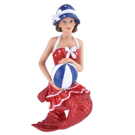 Resin mermaid ornament wearing red bathing dress and a blue hat, holding a blue and white beach ball.