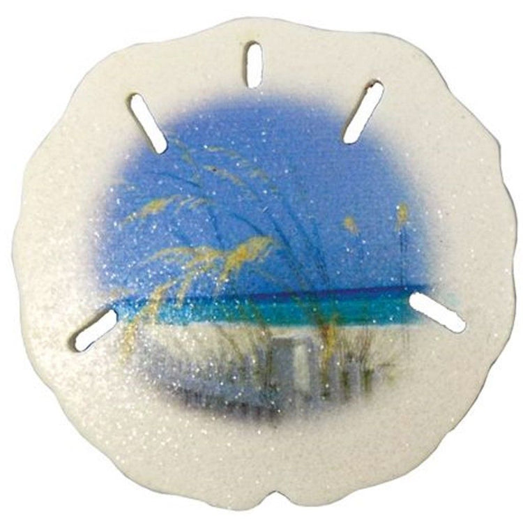 Sand dollar shaped hanging ornament with beach scene and glitter finish.