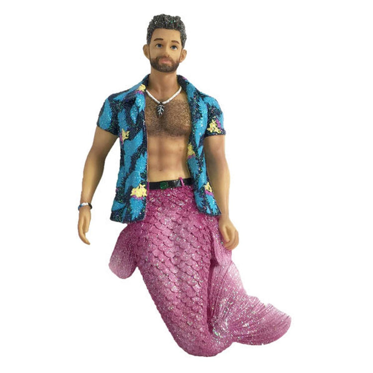 Merman with brown hair, short beard & chest hair. Pink tail and blue Hawai'ian shirt, unbuttoned.