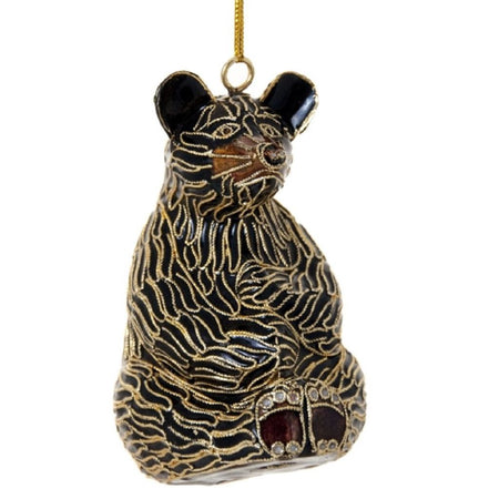 Black bear shaped hanging Christmas ornament with gold metal accent.