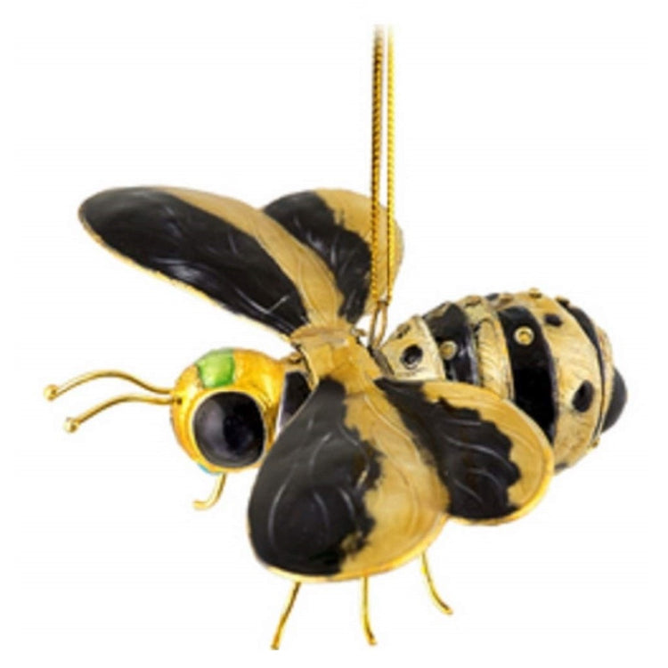 Bumble bee shaped hanging Christmas ornament with gold cord.  Black and yellow wings and body with large black eyes.