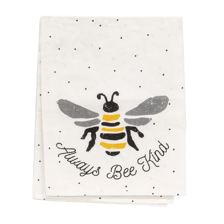 cream colored flour sack towel with black polka dots, a screen printed yellow and black striped bee and the words "always bee kind"