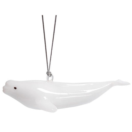 White blown glass Beluga Whale ornament.
