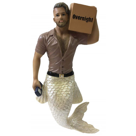 Big Package Merman Ornament. Merman is carrying a package, that says overnight.