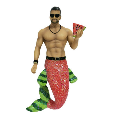 Merman with pink tail and dark and light green striped fins, wearing sunglasses and holding a slice of watermelon.