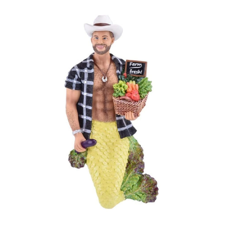 merman in a black flannel shirt, open, a cowboy had and holding some vegetables, his tail is yellow and the flippers are lettuce leaves.