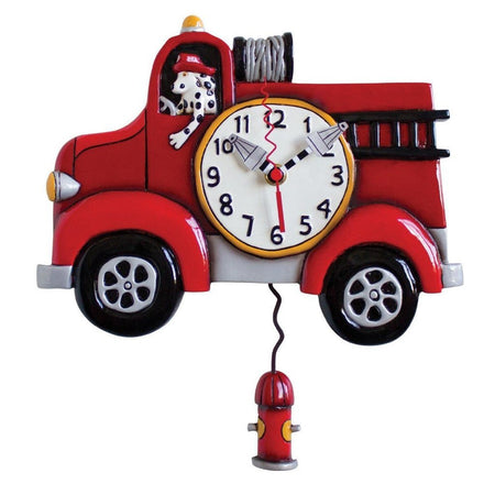 Fire truck shaped bank with fire hydrant shaped pendulum.  Dalmatian dog driving.