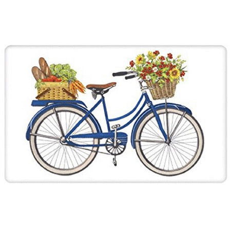 Blue bike with flowers in the basket a bread & veggie basket on the back.