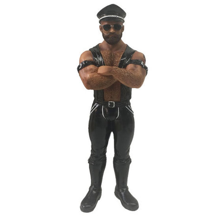 African American Man dressed in typical biker gear like black leather and hat.  Figurine hanging ornament.
