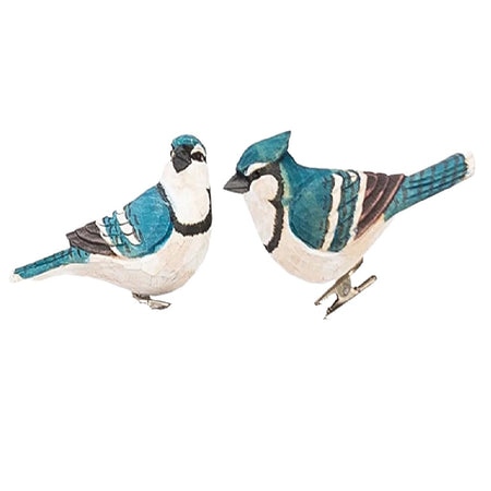 two wooden blue jay ornaments with metal clips to attach them