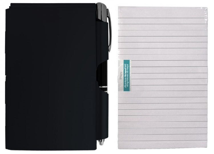 Rectangle shaped notepad with attached pen & package of line paper.  Black 