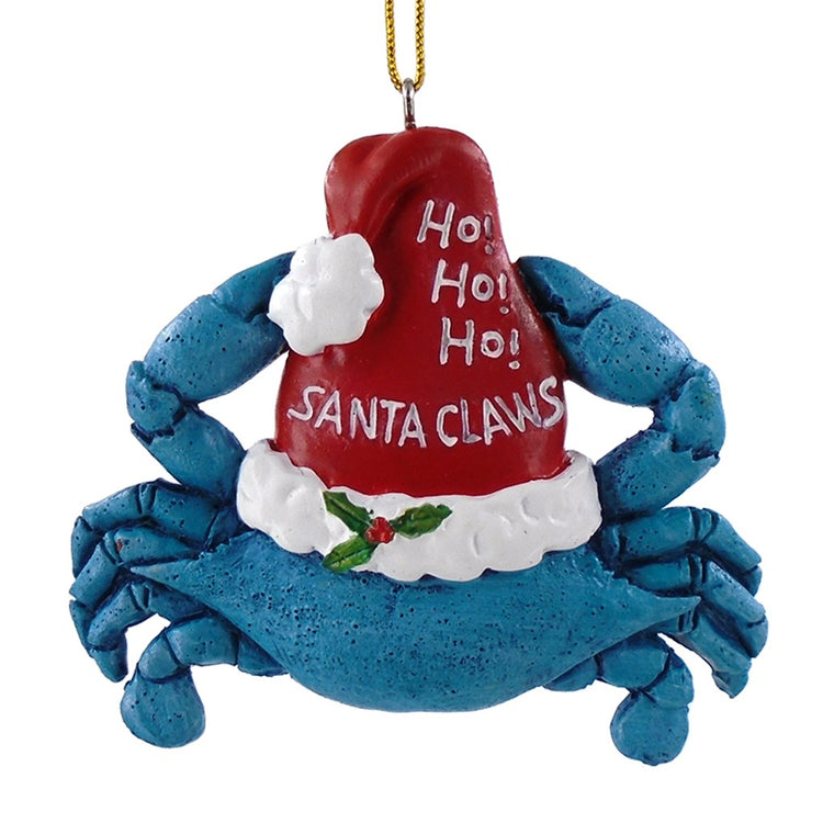 Blue crab shaped Christmas ornament. Crab is wearing a Santa hat with text "Ho! Ho! Ho! SANTA CLAWS".
