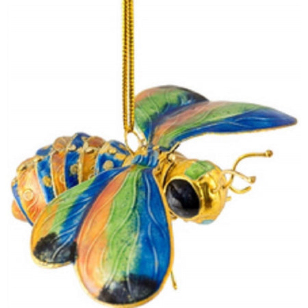 Bumble bee shaped hanging Christmas ornament with gold cord.  Colorful wings and body with large black eyes.