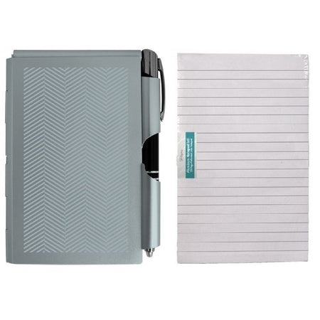 Rectangle shaped notepad with attached pen & package of line paper.  Blue pattern.