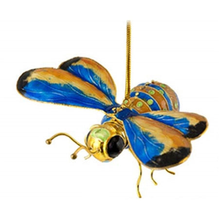 Bumble bee shaped hanging Christmas ornament with gold cord.  Colorful wings and body with large black eyes.