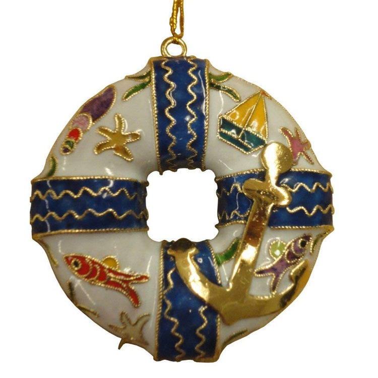 Life ring shaped hanging Christmas ornament.  Blue and white with nautical accents including gold anchor.