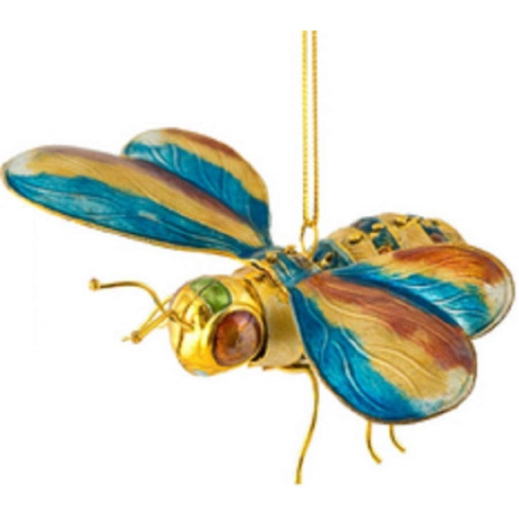 Bumble bee shaped hanging Christmas ornament with gold cord.  Colorful wings and body with large brown eyes.