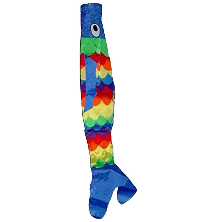 fish windsock with a blue head & tail & rainbow body