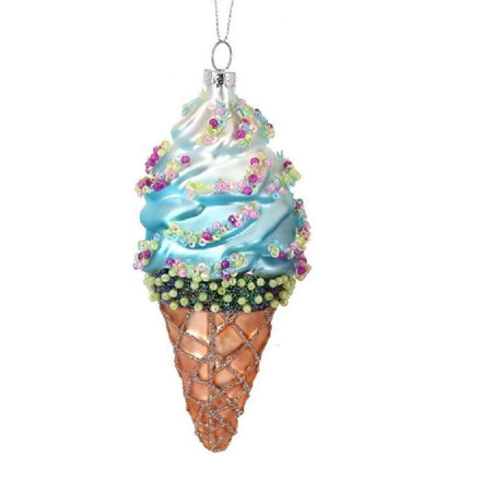 blown glass soft serve ice cream cone ornament, the ice cream is blue and there is purple, pink and green sprinkle like beads.