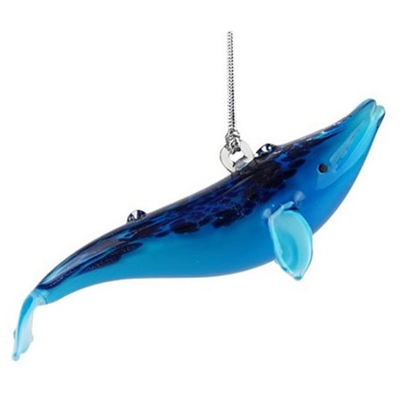 Blown glass blue whale hanging ornament.