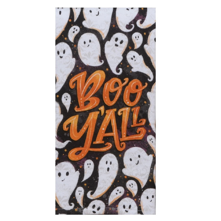 Black terry cloth towel with white ghosts flying around and the saying "boo y'all" printed in orange.