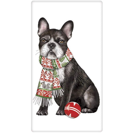 Folded white dish towel with Boston Terrier print.  Dog is wearing a scarf and has a red ball.