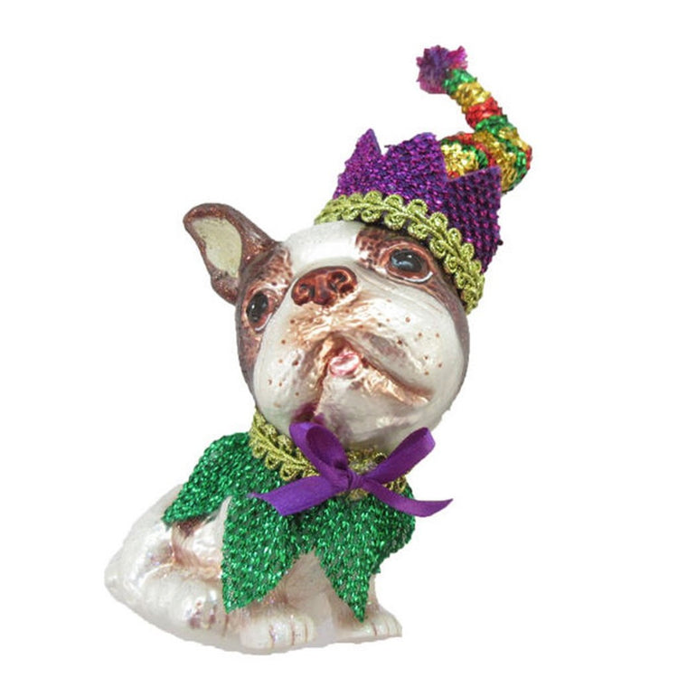 Boston Terrier shaped figurine ornament. Wearing Mardi Gras type outfit with hat in purples and greens.