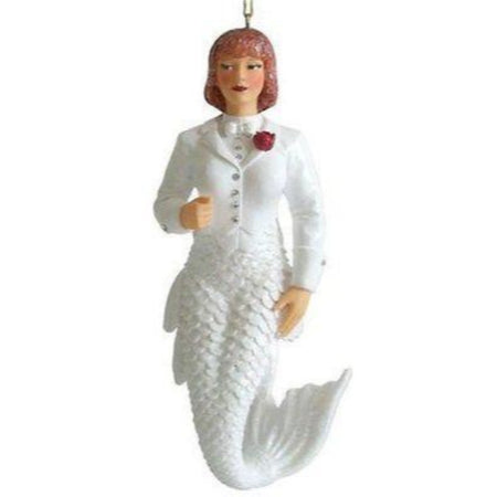 Mermaid figurine ornament.  Dressed in a white tuxedo.