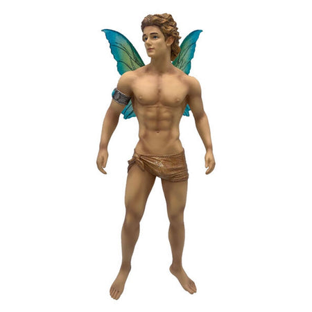 Resin male fairy with blue wings, curly golden hair, a turquoise and metal arm cuff and gold fabric tied around his waist.