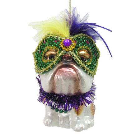 Bulldog figurine ornament wearing a green embellished Mardi Gras mask and purple necklace with green beads.