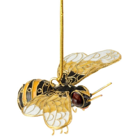Bumble bee shaped hanging Christmas ornament. Traditional yellow and black with gold metal accents.