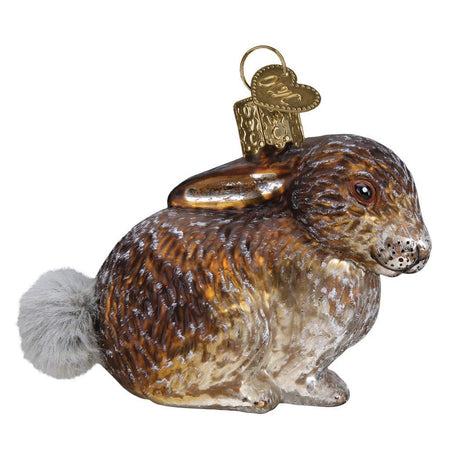 Blown glass brown bunny ornament with grey silver glitter accents and a grey pom pom tail.